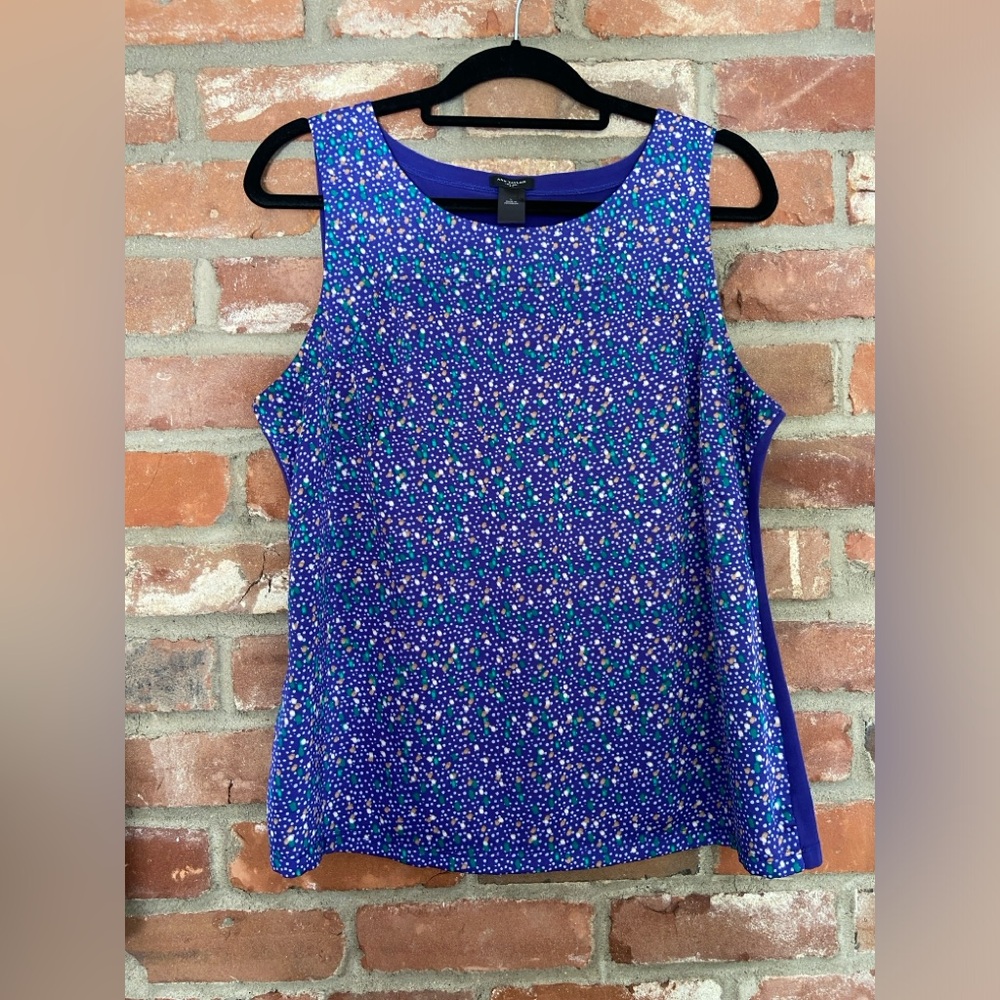 Ann Taylor Sleeveless Blouse Tank Large Blue Polka Dots Colorful